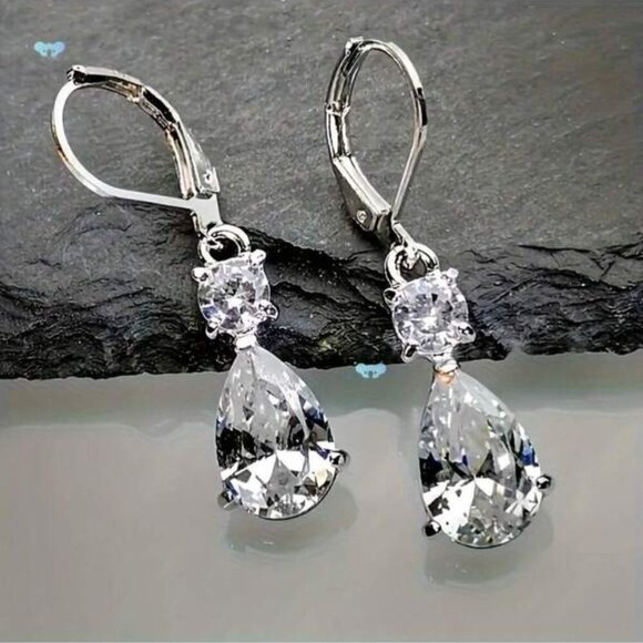 Sterling Silver 925 Teardrop CZ Dangle Earrings - Picture 1 of 2